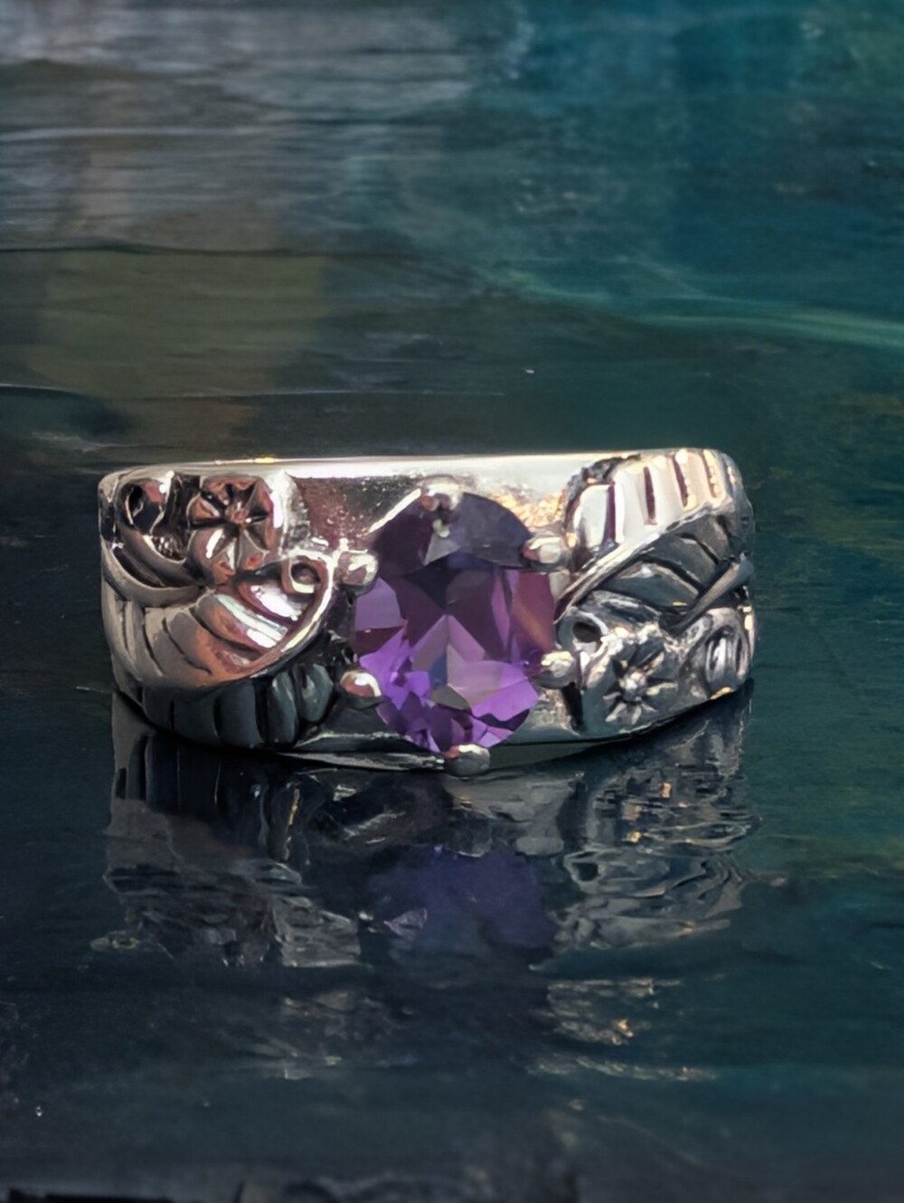 Vintage Carolyn Pollack Sterling Silver Amethyst Floral Southwestern Style Ring
